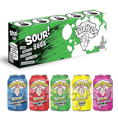 WARHEADS SODA - Sour Fruity Soda with Classic Warheads Flavors – Perfectly Balanced Sweet and Sour Soda - Warheads Candy Throwback Treat, Soda, Cocktail Mixer, Pack of 5, 12oz Cans (Sampler Pack) - Sampler Pack - 12 Fl Oz (Pack of 5)