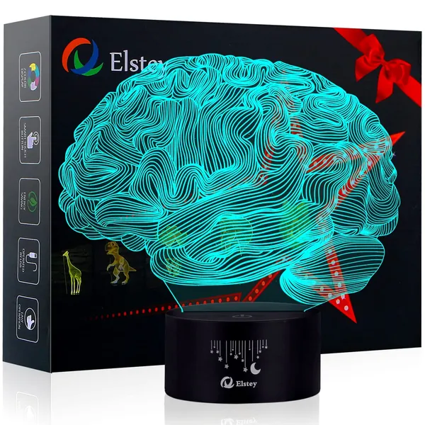 Elstey Brain 3D Night Light Table Desk Lamp, 7 Colors Optical Illusion Touch Control Lights with Acrylic Flat & ABS Base & USB Cable