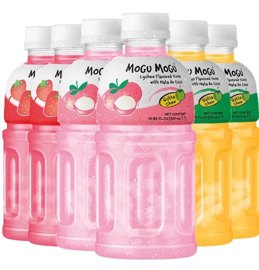 Mogu Mogu drink Variety Pack (6 Packs) Drinks for kids made with fruit juice variety pack and nata de coco (coconut jelly) Fun chewable juice boxes for kids. Juice bottles with Lychee Juice, Mango Juice and Strawberry Juice