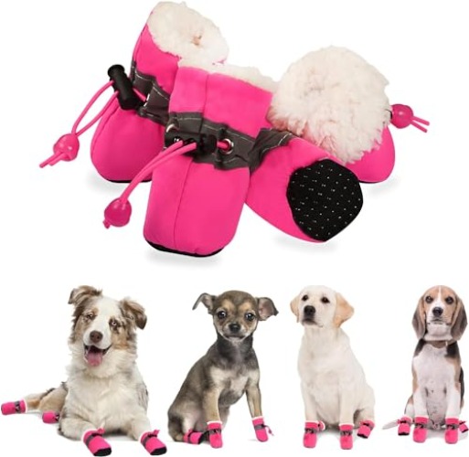 YAODHAOD Dog Shoes for Winter, Dog Boots & Paw Protectors, Fleece Warm Snow Booties for Puppy with Reflective Strip Anti-Slip Rubber Sole for Small Medium Size Dogs,Size 3: 1.5"x1.3" (L*W),Pink - Size 3: 1.5"x1.3" (L*W) - Pink