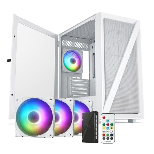 Vetroo M05 Micro ATX Computer PC Case with Door Open Tempered Glass Side Panel & Mesh Front Panel, Support 240mm Radiator, 4Pcs 120mm Addressable RGB Fans, Type-C Port - White - M05 White +3fans