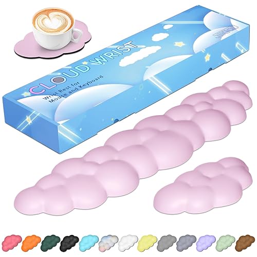 JIKIOU Upgrade Leather Cloud Keyboard Wrist Rest, Cloud Wrist Rest with Non-Slip PU Base, Comfortable Memory Foam Wrist Rest for Computer Laptop Mac Gaming Office and Pain Relief Christmas Wish Gift - 05pink With Lilac