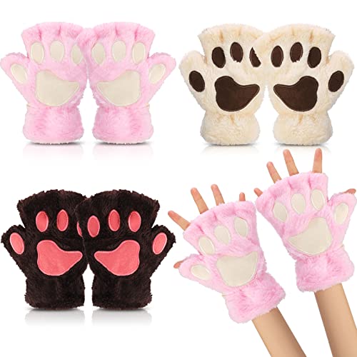 Cat Paw Gloves 3 Pairs Kawaii Gloves Cat Paws Cosplay Faux Fur Plush Cat Gloves Lion Paws Fingerless Gloves for Girls Women - Pink, Beige, Coffee