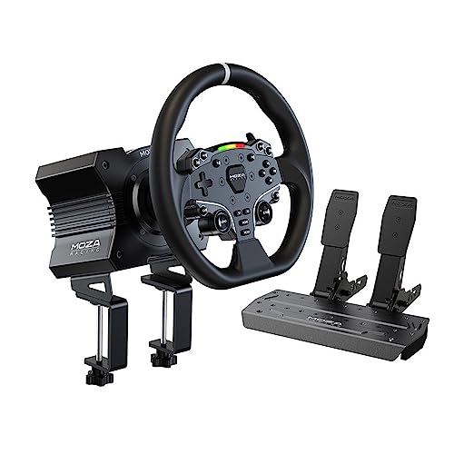 MOZA R5 All-in-One PC Gaming Racing Simulator 3PCS Bundle: 5.5Nm Direct Drive Wheel Base, 11-inch Racing Wheel, Anti-Slip Pedals and a Desk Clamp, Cloud-based App Control - R5 Bundle