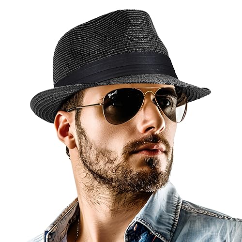 Straw Fedora Hat for Women Men Packable Short Brim Roll Up Trilby Hat Panama Summer Beach Sun Hat UPF 50+ - Medium-Large - Black