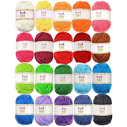 20 Acrylic Yarn Skeins - 438 Yards Multicolored Yarn in Total – Great Crochet and Knitting Starter Kit for Colorful Craft – Assorted Colors - Bright - 20