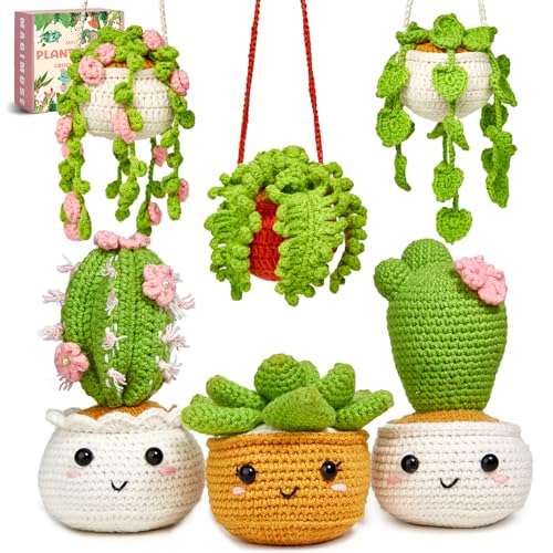 MAGIMUSE Crochet Kit for Beginners, Crochet Starter Kits for Adults and Kids Amigurumi Craft Knitting Crochet Kits Gift with Step-by-Step Video Tutorials, 6 Pack Hanging Potted Plants Family(40%+ Yarn