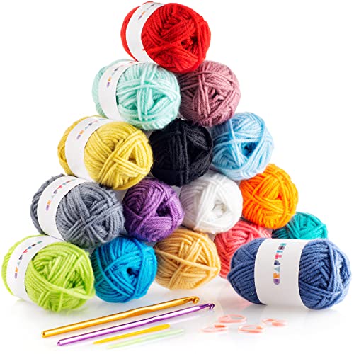 CRAFTISS 16x20g Acrylic Yarn Mini Skeins - 700 Yards of Soft Yarn for Crocheting and Knitting Craft Project, Assorted Starter Crochet Kit Yarn Bulk for Adults and Kids - 16x20g