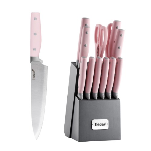 hecef Kitchen Knife Block Set, 14 Pieces Knife Set with Wooden Block & Sharpener Steel & All-purpose Scissors, High Carbon Stainless Steel Cutlery Set (Pink) - Pink