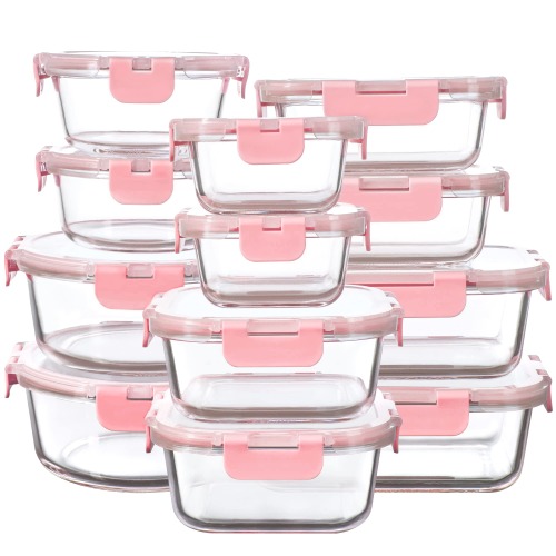 FAWLES 12 Pack Glass Storage Containers with Lids, Leak-Proof Meal Prep Containers, Dishwasher/Microwave/Oven/Freezer Safe Glass Food Storage Containers for Leftovers, to Go - Pink