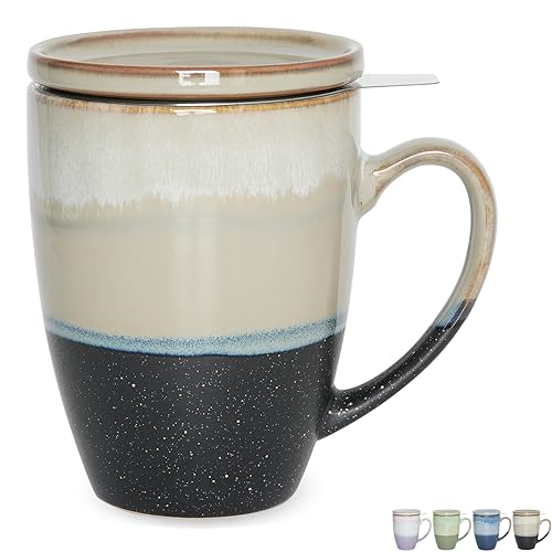 Bosmarlin Ceramic Tea Cup with Infuser and Lid, 13.5 Oz, 4 Colors to Choose, Microwave and Dishwasher Safe, Steeping Tea Mug with Strainer, Reactive Glaze (Grey) - Gray