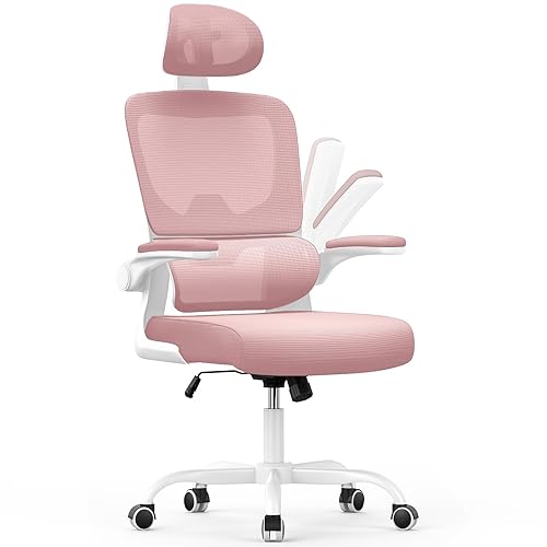 naspaluro Silla de Oficina Ergonómica con Soporte Lumbar, Silla de Escritorio de Respaldo con Reposacabezas y Altura Ajustables, Reposabrazos Abatible, Silla de Ordenador para Oficina en Casa, Rosa - Rosado - con reposacabezas