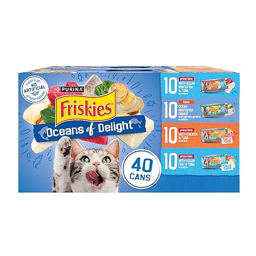 Purina Friskies Wet Cat Food Variety Pack, Oceans of Delight Flaked and Prime Filets - (Pack of 40) 5.5 oz. Cans - Chicken, Tuna, Ocean Whitefish - 5.5 Ounce (Pack of 40)