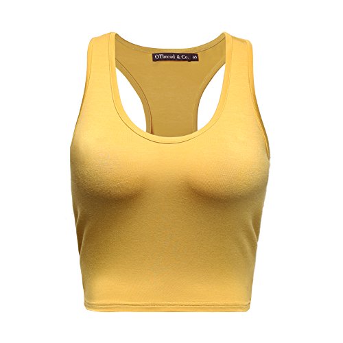OThread & Co. Women's Basic Crop Tops Stretchy Casual Scoop Neck Racerback Sports Crop Tank Top - Large - Mustard