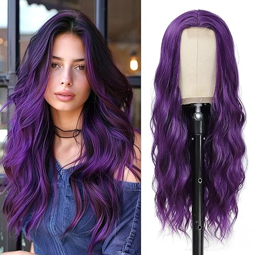 YBYMCAI Long Purple Wavy Wigs for Women Middle Part Dark Purple Wig 26 inch Natural Curly Synthetic Wig Heat Resistant Fiber Wigs for Daily Party Use - Purple
