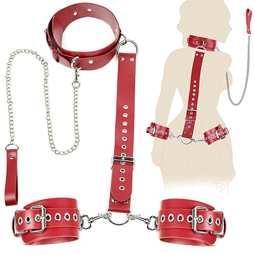 BDSM Bondage Sex Restraints Set Couples Sex Toys, Neck to Wrist Restraints Kit with Traction Chain Back Sex Handcuffs Collar Adjustable Bondage Gear Accessories SM Sexy Slave Beginner Role Play Games - Red