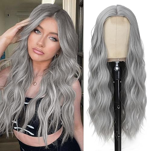 YBYMCAI Grey Wig - Long Sliver Wavy Wigs for Women Middle Part Gray Wig 26 inch Natural Curly Synthetic Wig Heat Resistant Fiber Wigs for Daily Party Use - Grey