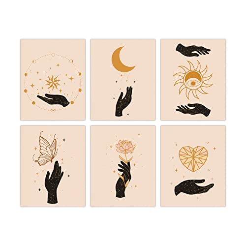 SUPERDANT Aesthetic Wall Art Minimalist Sun Unframed Canvas Prints Moon Stars Abstract Wall Decor Celestial Wall Collage Matisse Style Mid Century Modern Decorations for Women Bedroom Living Room - Divination + Hand Sign