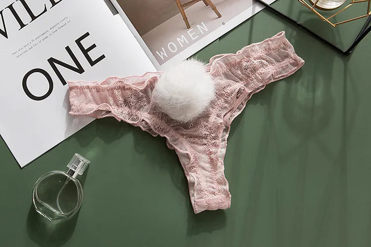 Poofy Bunny Tail Thongs - Pink Lace