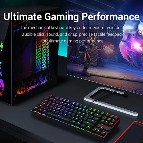 Redragon K552 Mechanical Gaming Keyboard RGB LED Backlit Wired with Anti-Dust Proof Switches for Windows PC (White, 87 Key Blue Switches) - 87 Keys, RGB - White