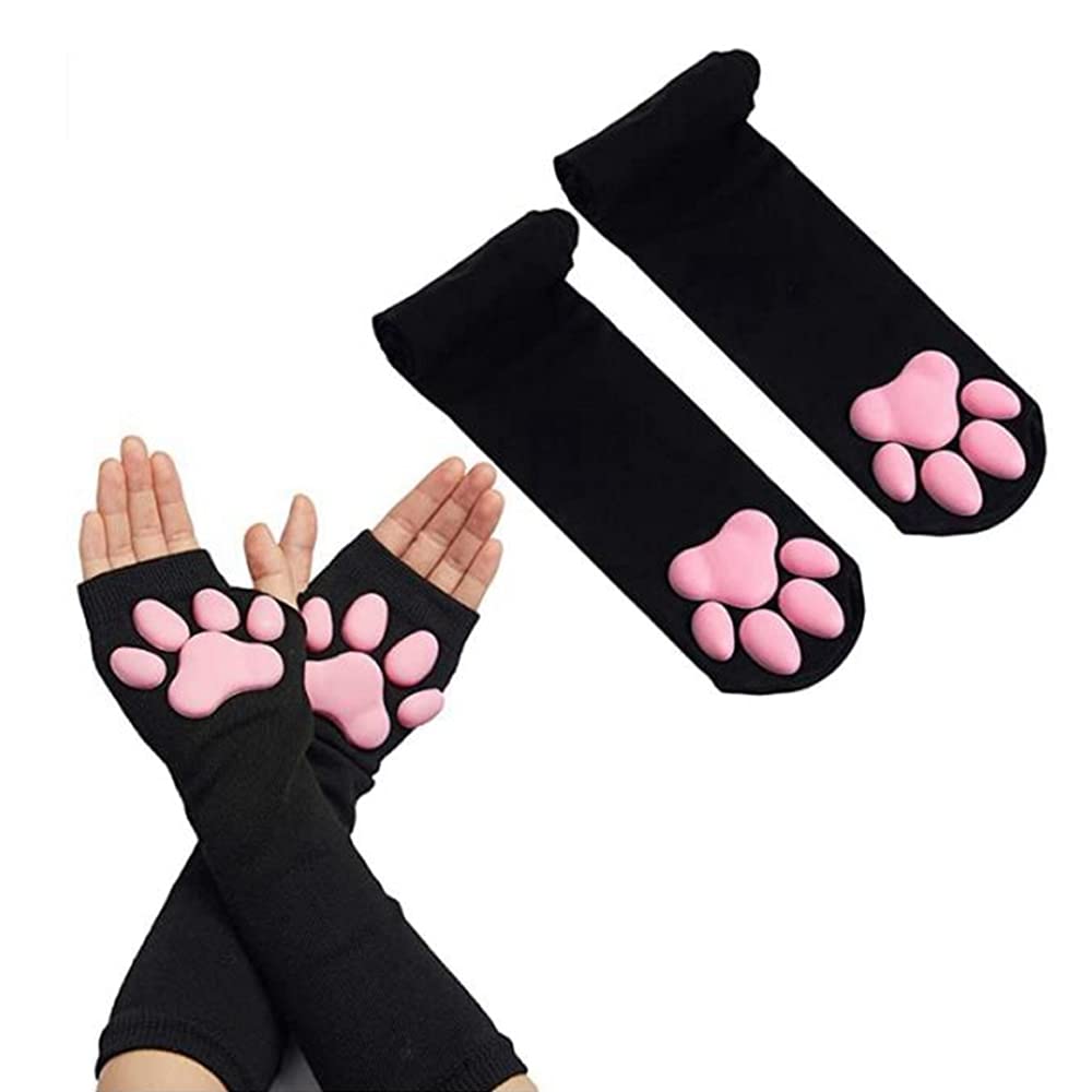 Cute Cat Paw Mittens Gloves, Kawaii Cat Cosplay Kawaii Soft 3D Toes Beans Fingerless Cat Claw Paws Pad Sleeve - Black Socks+long Gloves