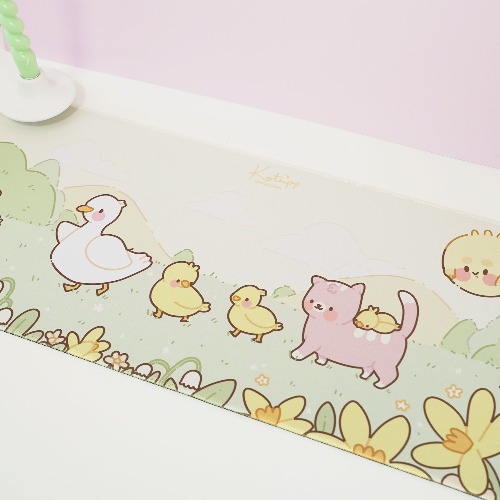 Spring Ducks and Daffodils: Mother Duck & Friends Kawaii Gaming Mouse Pad -  Aesthetic Cottagecore Desk Mat | 700 x 300