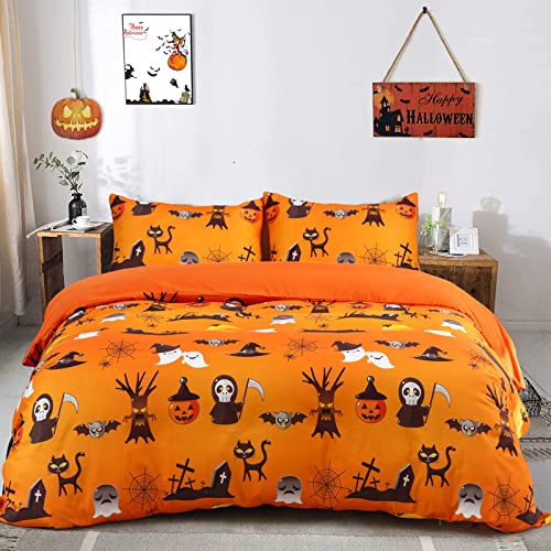Menghomeus Halloween Duvet Cover Set Queen Size Pumpkin Bedding Set Cartoon Pumpkin Ghost Pattern Fall Festival Themed Comforter Cover Set, 3 Pieces 1 Duvet Cover 2 Pillowcases - Queen - Gradient Orange