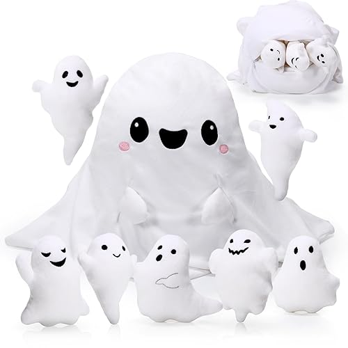 Liliful Halloween Ghost Plush Toys 16 Inch Cute Mommy Ghost Stuffed Pillow with 7 Cute Plush Babies Soft Funny Ghost Plushie White for Boys Girls Birthday Sleeping Gift Party Favor(Smile) - Smile