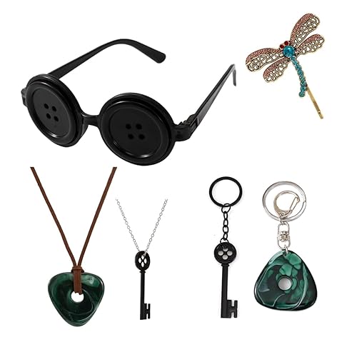 6PCS Coraline Merchandise Button Eyes Glasses Coraline Necklace-Dragonfly Hair Clips-Keychains Set Halloween Cosplay Costume Accessories Gifts for Women Men Girls Kids Fans (Caroline Costume accessories set)