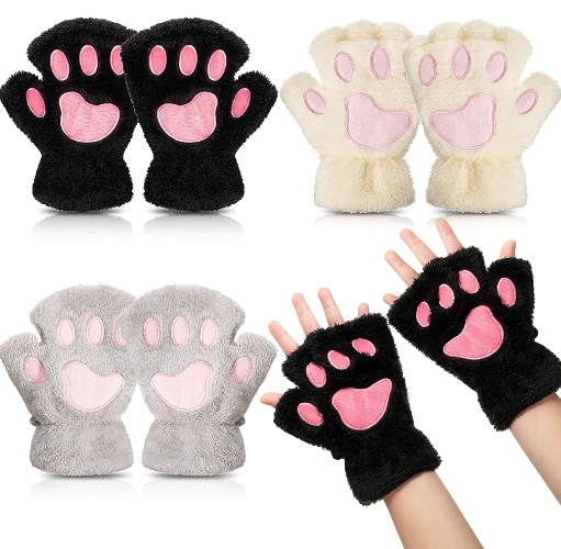 Cat Paw Gloves 3 Pairs Kawaii Gloves Cat Paws Cosplay Faux Fur Plush Cat Gloves Lion Paws Fingerless Gloves for Girls Women