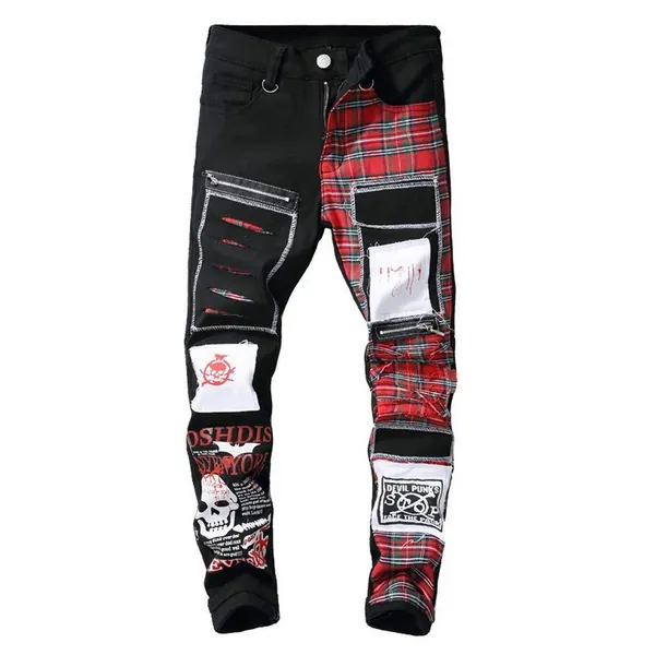 Men Punk Rock Slim Red Plaid Denim Jeans Skinny Nightclub Denim Jeans Pants Trousers