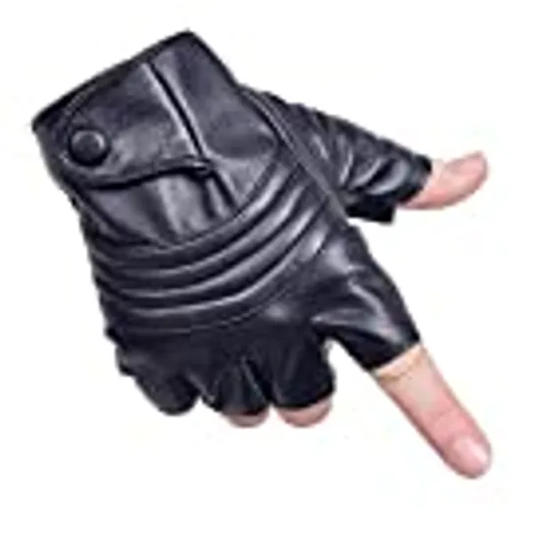Long Keeper Men’s Fingerless Leather Gloves Warm Half Finger Gloves with Thin Inner Fleece Cycling Motorbike Driving Thermal Gloves