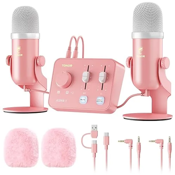TONOR ASMR Microphone Equipment Bundle with Audio Interface, Immersive 3D Stereo Audio, Dual Condenser Mics with Audio Mixer, Clear Sound, Volume Control, with Furry Windscreens, Set for ASMR, Pink - Pink