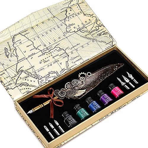 NC Quill Pen and Ink Set, Feather Pen Ink Set Includes 5 Bottles of Ink and 6 Replaceable Nibs,1 Mechanical Quill pen, Calligraphy Pen for Writing,Writing Letters,Diary, Signing, Invitation Etc(Grey) - Wine Red
