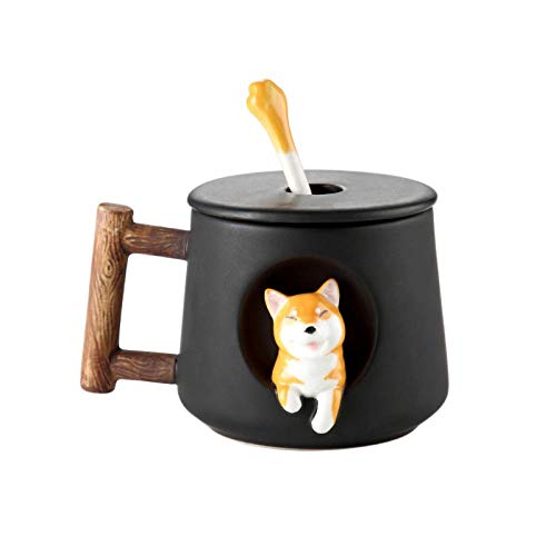 3D Ceramic Cartoon Shiba Dog Hand Painted Coffee Mug Tea Cup with Lid Spoon - Black