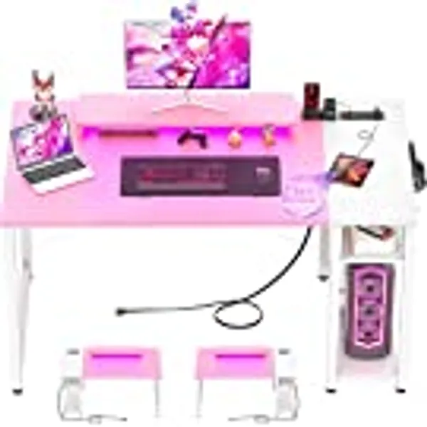 armocity Computer Desk with LED Lights, Gaming Desk with Power Outlet and USB, 40 Reversible Laptop Table with Moveable Monitor Stand, Small Desk for Small Spaces, Office, Gaming Room, Pink and White