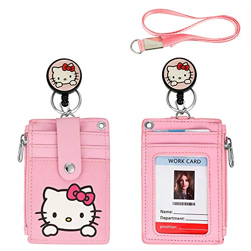 【2023 Latest】 Cute Badge Holder Retractable Lanyard Reel Clip with Heavy Duty Carabiner, 1 Clear ID Window, and 4 Card Slots in 2 Sided for Students Teens Boys Girls Women - 01 Pink Cat