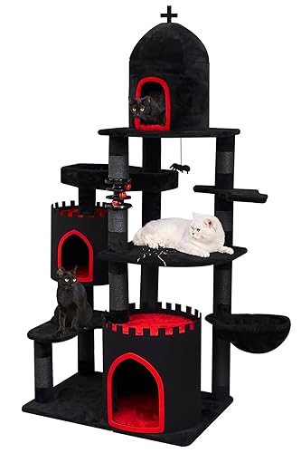 YARUOMY Gothic Cat Tree Castle, 68.9in Black Tall Cat Tower with Coffin Cat Bed, Spacious Cat Condo for Large Cats, Scratching Posts, Spider Hanging Ball,Basket,Cat Ball Track Toy - 68.9in