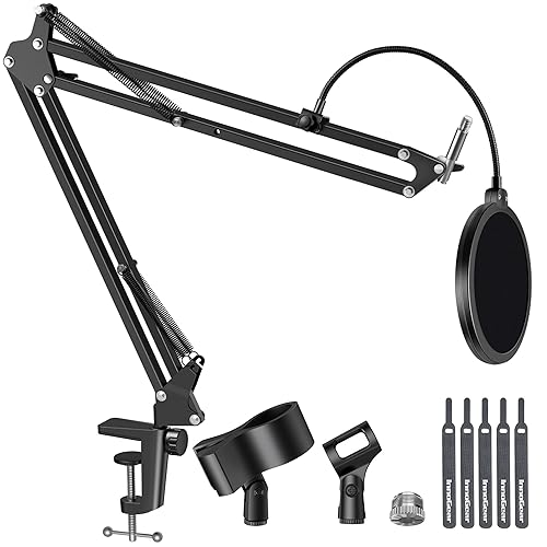 InnoGear Mic Stand for Blue Snowball and Blue Snowball iCE Boom Arm Stand with Pop Filter Microphone Holders for HyperX QuadCast SoloCast Fifine Shure SM7B and Other Mic, Max Load 1.8 KG, Large - Large