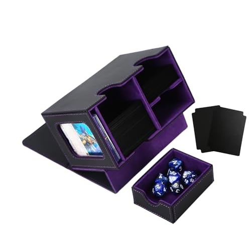 Venssu MTG Deck Box for Commander or Prime Card Display with Dice Tray,Card Deck Box Fits 200 Single Sleeved Cards, TCG Card Storage Box with 2 Dividers and 1 magnetic card holder (Black＆Purple) - Black＆Purple