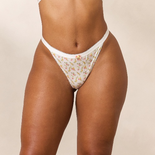 Rosebud Ribbed Thong - White Floral | S