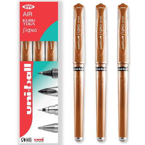 uni-ball Signo Pen - UM-153 Broad Metallic Gel Ink Rollerball - Metal 1.0mm Tip Nib - Rubber Grip - In Gift Box (Pack of 3, Bronze) - Bronze