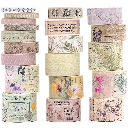 Songdao 20 Rolls Vintage Washi Tape Set Retro Arts Adhesive Tapes Fleeting Monologue Decorative Masking Tape Sets for Craft, Kids, Scrapbook, DIY, Gift Wrapping (Wilderness Remians) - Wilderness Remians