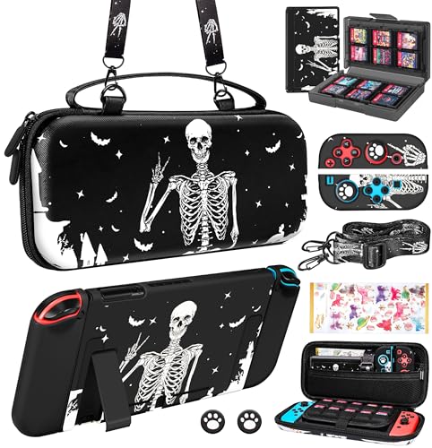 Gurgitat 9in1 Skull Skeleton Switch Case for Nintendo Switch Carrying Cases & Storage Accessories Bundle Kit Thumb Grips+Game Holder+Dockable Skin+Shoulder Strap+Sticker for Switch Travel Pouch Bag - 2-Black Skull - for Nintendo Switch