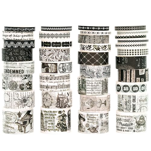Songdao 36 Rolls Vintage Washi Tape Pack Retro Arts Adhesive Tapes Wide Chronicle Decorative Masking Tape Sets for Craft, Kids, Scrapbook, DIY, Gift Wrapping (Black & White Light) - Black & White Light