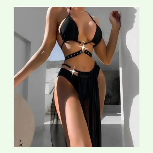 SHEIN SXY Mono Bikini Set Ring Linked Halter Triangle Bra & Bikini & Split Thigh Beach Skirt 3 Piece Swimsuit | SHEIN USA
