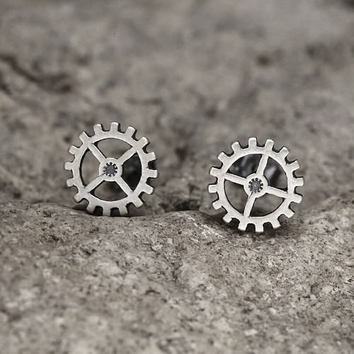 Gear Wheel Sterling Silver Punk Stud Earrings - 925 Silver / A Pair