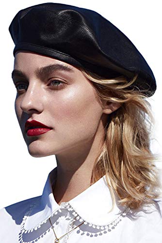 WETOO Women Beret Hat PU Leather Cap - 1-black
