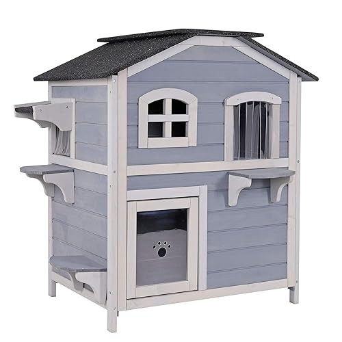 lionto Katzenvilla aus Tannenholz mit Bitumendach für drinnen und draußen, Katzenhaus über 2 Etagen mit Stufen, 80x55x90 cm, Lamellenvorhang und Fenster, Hütte für große Katzen geeignet, grau/weiß - Grau/Weiß - L 80 x B 55 x H 90 cm