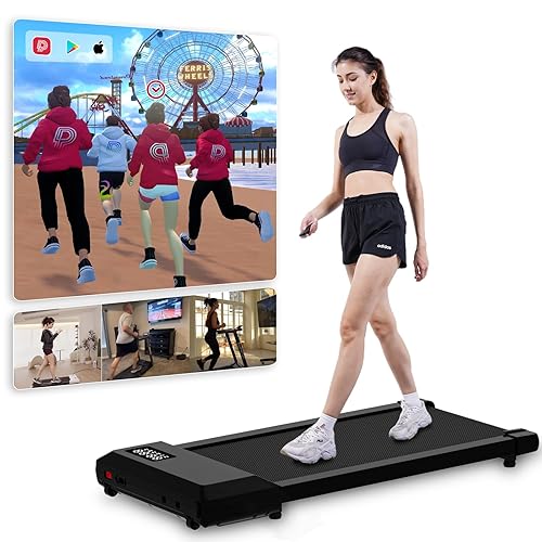 DeerRun Raceable Walking Pad, Laufband für Zuhause MAX 136kg, APP Steuerung Laufband Schreibtisch mit KI-Begleitung, Multiplayer-Rennfunktion Laufbänder - 90cm - Schwarz